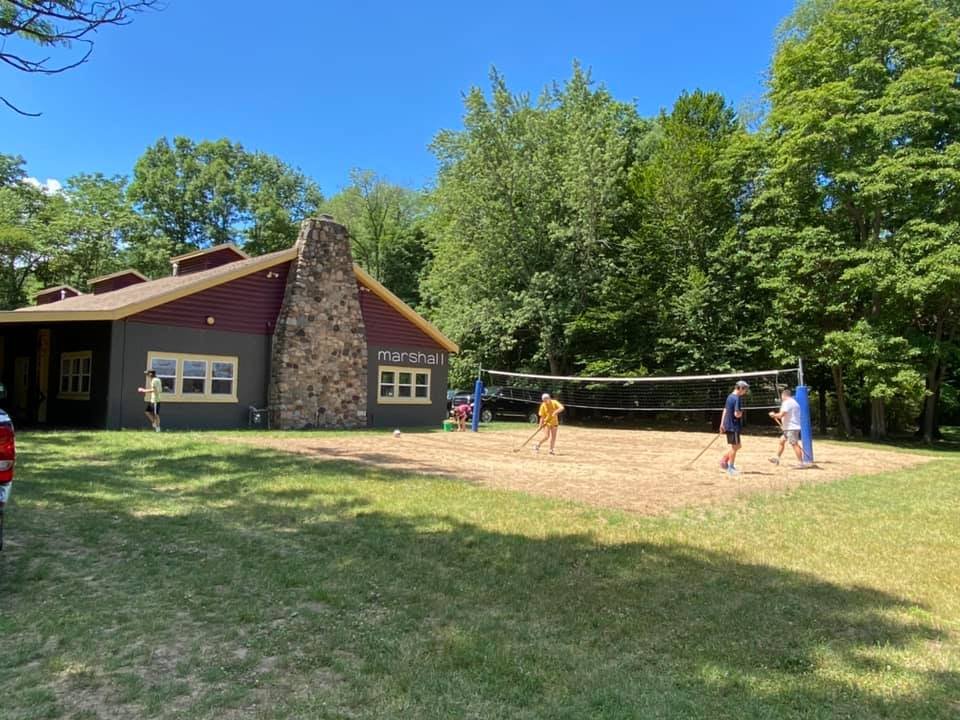 Exterior of a building with volleyball court